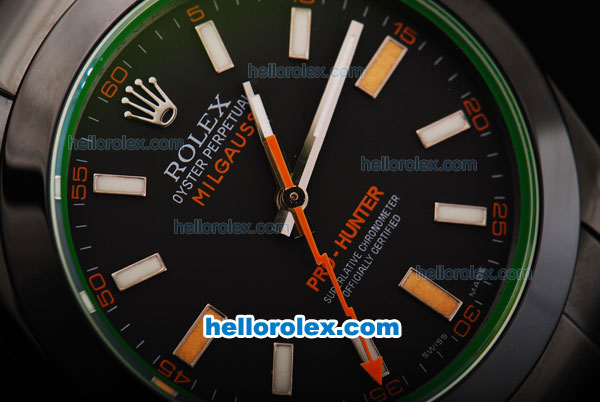 Rolex Milgauss Pro-Hunter Swiss ETA 2836 Automatic Movement full PVD with Black Dial and White/Yellow Stick Markers-PVD Strap - Click Image to Close